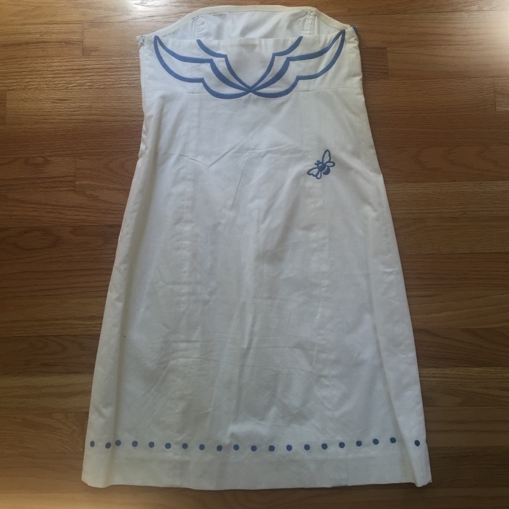 "Bowen" White & Blue Embroidered Strapless Dress - Picture 3 of 6